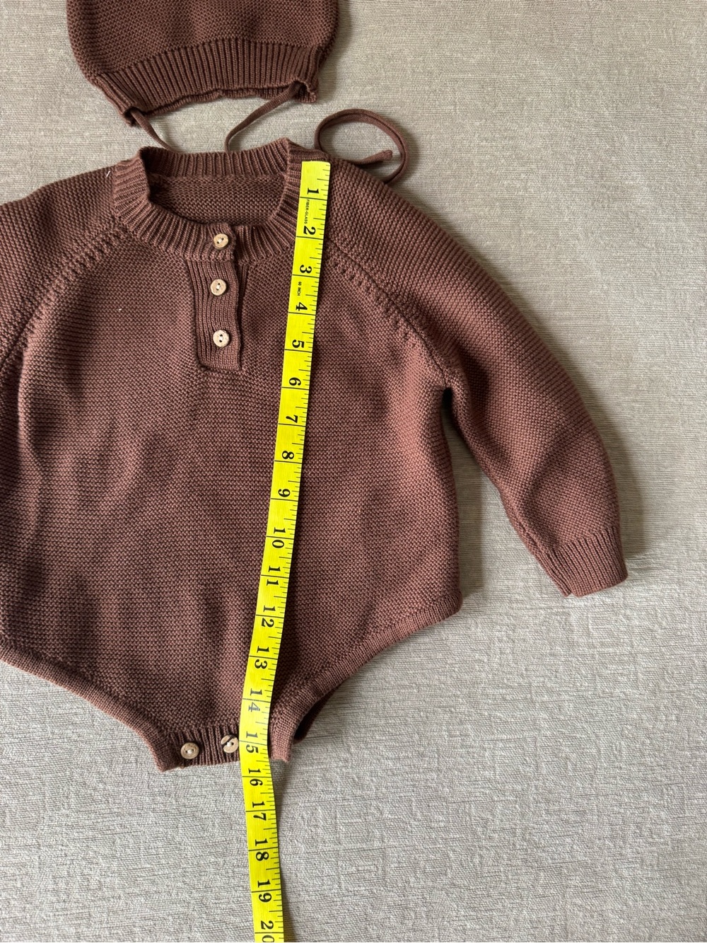 Baby Knit Romper & Pom Pom Bear Bonnet Set Brown Cottagecore Boho Neutral Infant - Picture 7 of 7